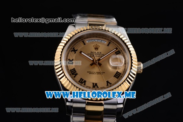 Rolex Day-Date II Asia Automatic Two Tone Case/Bracelet with Yellow Gold Dial and Luminous Hands - Click Image to Close